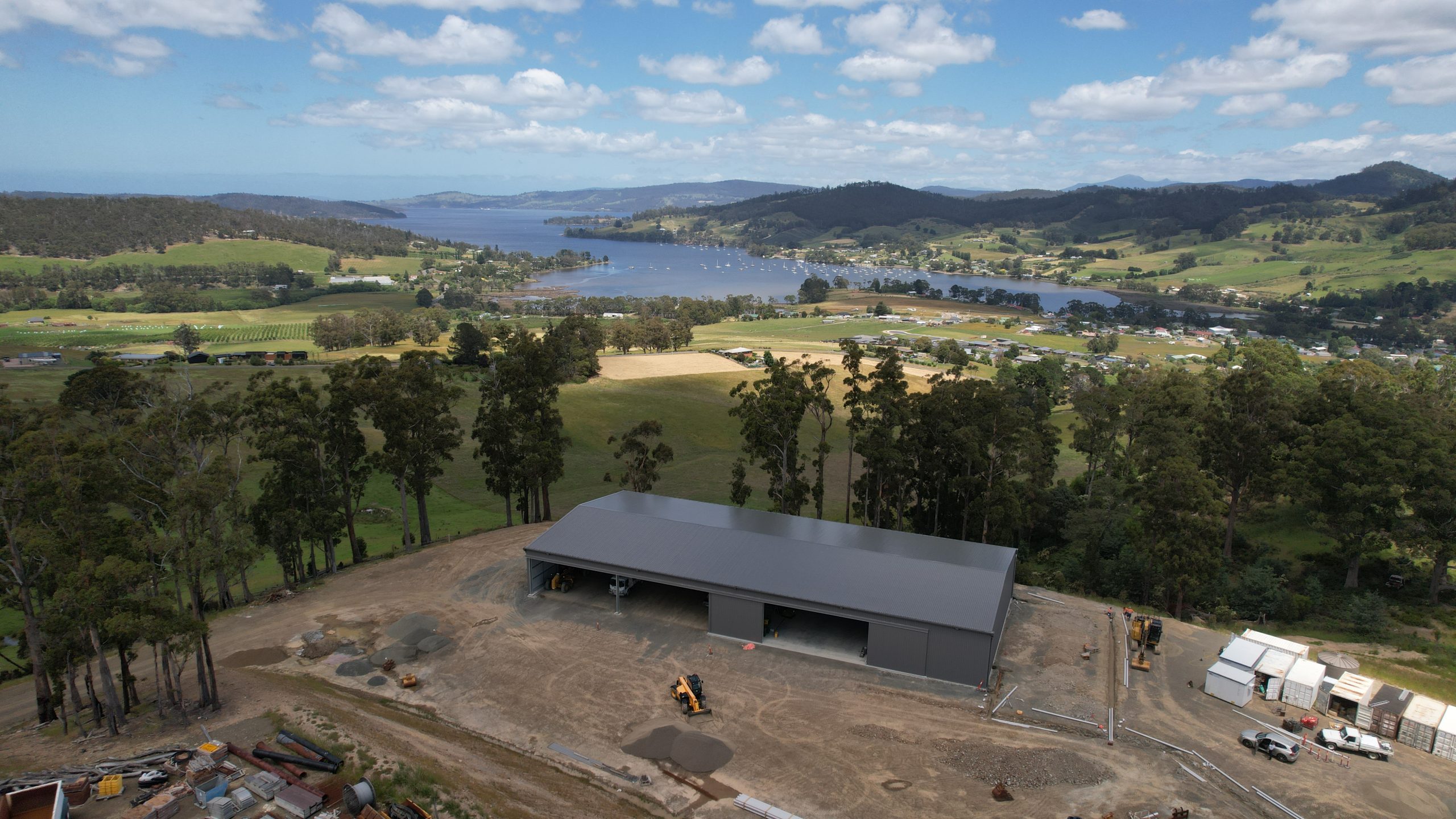 Rural workshop shed construction surrounded by farmland in Tasmania